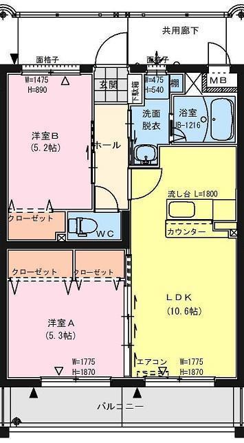 颯JAPAN の間取り（2LDK／LDK10.6・洋5.3・洋5.2）